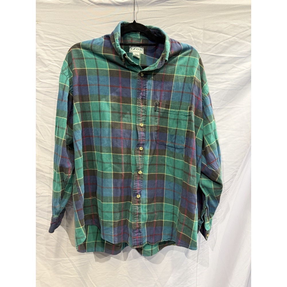 IZOD Cotton Flannel Plaid Button-Down Shirt Green Blue Men's Long Sleeve L